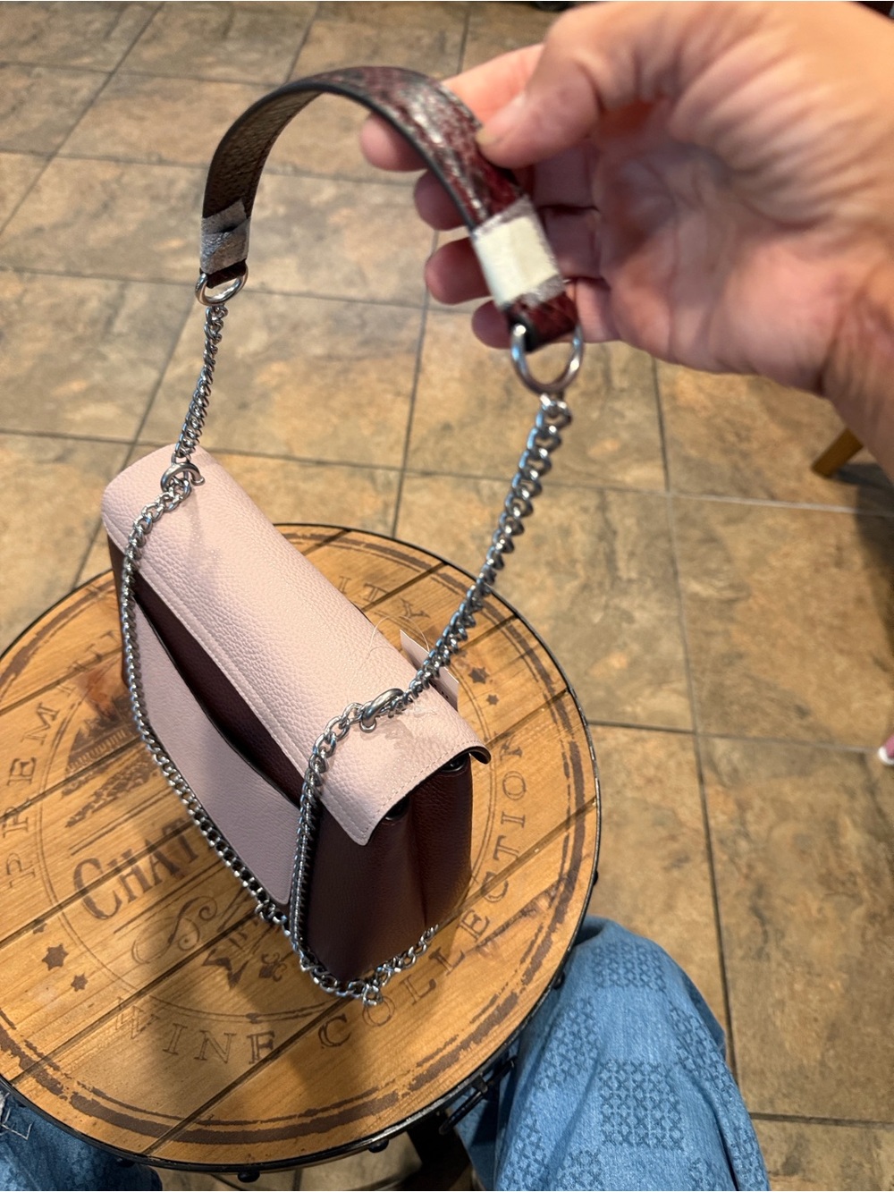 Coach Two-Tone Pebbled Leather Shoulder Bag in Dusty Pink & Burgundy - Picture 6 of 10